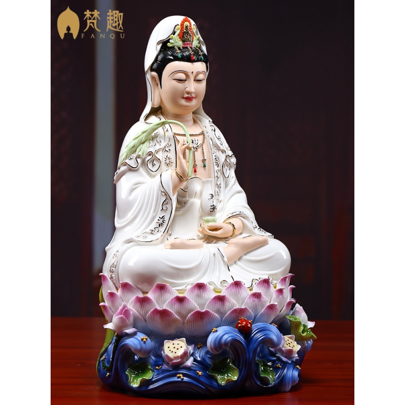 德化陶瓷佛像观世音菩萨 居家供奉观音菩萨像摆件 三维工匠 10寸五莲平安观音[白描金]高清大图