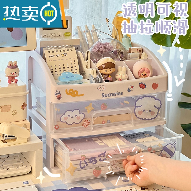敬平桌面收纳盒学生ins文具手账器箱化妆品柜宿舍书桌抽屉式置物架收纳柜高清大图