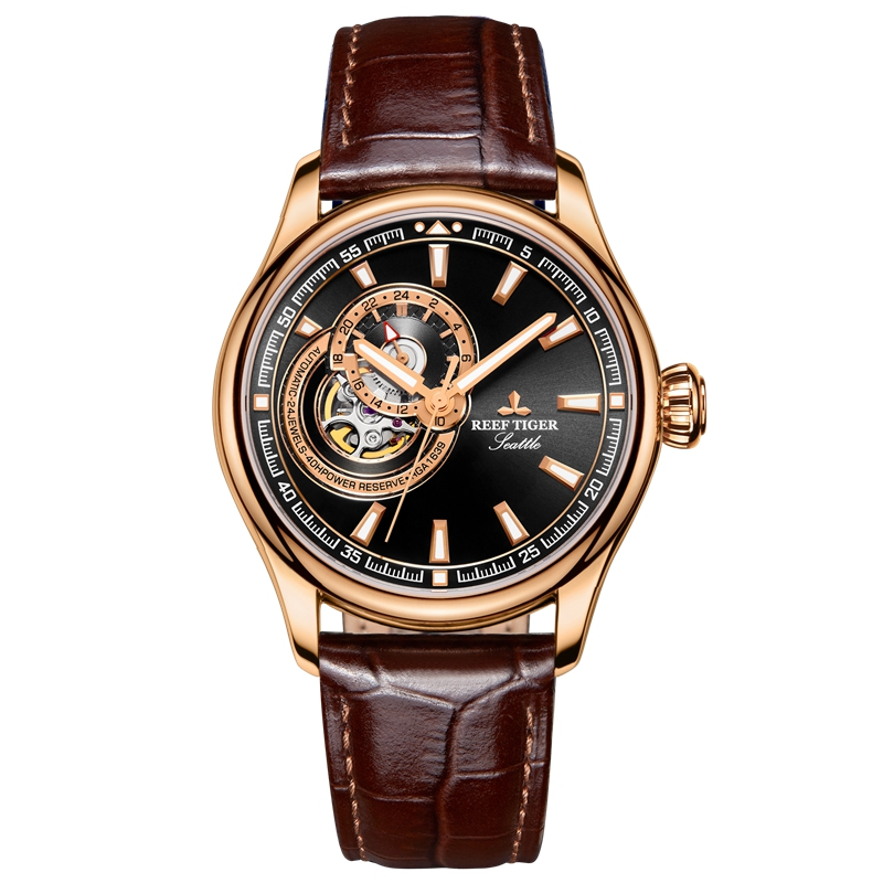 瑞夫泰格rt全自动机械男表陀飞轮复古男士蓝色皮带手表rga1639