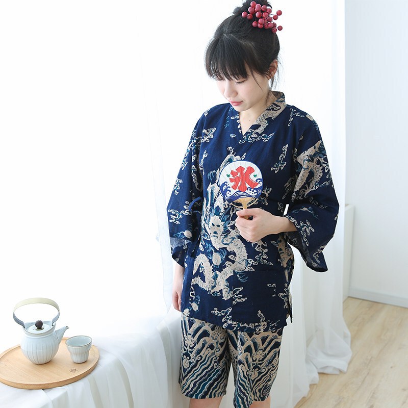 春夏日式睡衣龙袍汗蒸桑拿大码睡衣情侣浴袍男女和服棉质两件套