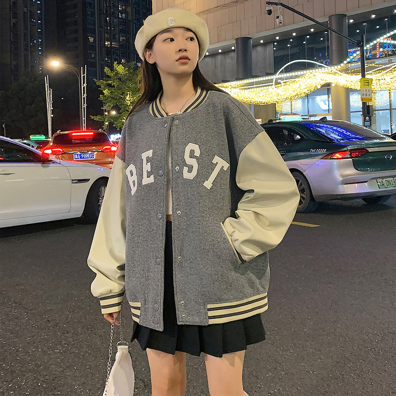 唐狮2023秋冬季新款pu皮棒球服女美式设计感超好看飞行员夹克上衣_713 S 花灰
