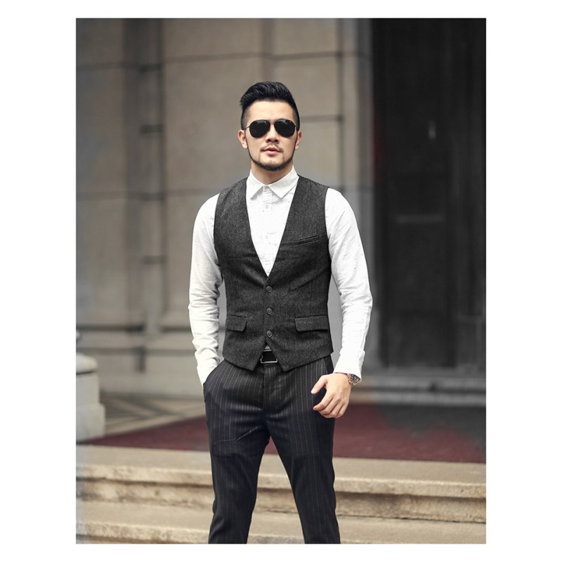 suntek春秋新款男士英伦复古人字纹修身大码西装马甲毛呢休闲马夹潮男