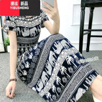YIBUSHENG民族风棉绸碎花连衣裙海边度假人棉仙女裙大码印花绵绸短袖长族 2XL建议120-130斤 蝙蝠袖椰树象