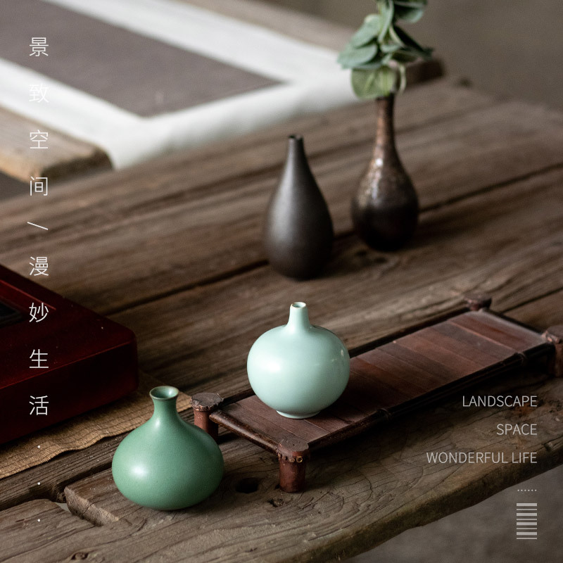 小花瓶摆件 粗陶窑变小花器 茶道禅意水培小花插陶瓷迷你小花瓶 三维工匠 玉净瓶--雅黑