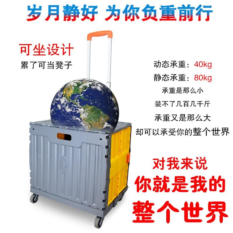 折叠便携买菜拉杆手拉车带收纳筐家用手推购物车可坐万向轮小拖车 三维工匠家用拖车高清大图