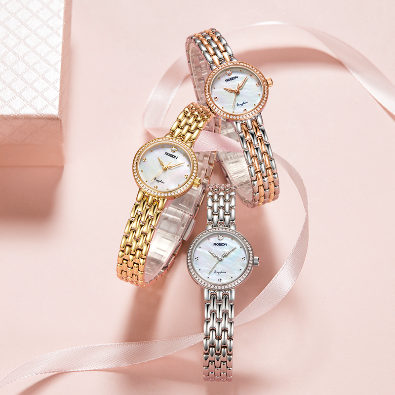 劳士顿rosdn手表女士正品石英防水时尚休闲薄款彩贝带钻精选小巧学生