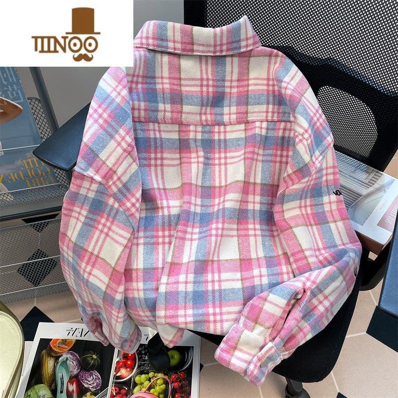 YANXU日系cityboy贴布刺绣格子长袖衬衫男女复古学院风磨毛呢上衣外套图片