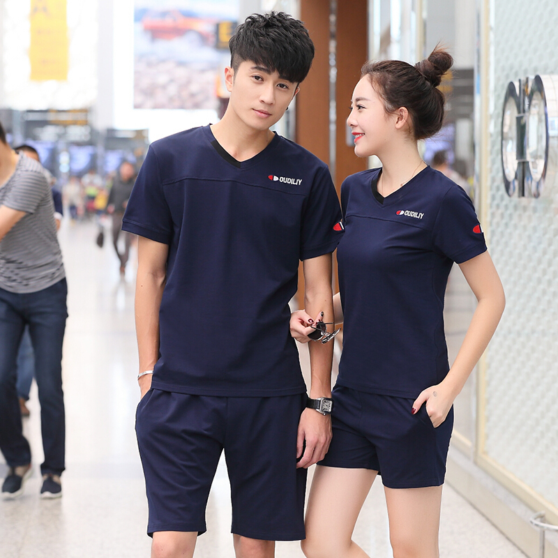夏季情侣装运动套装短袖短裤男女士休闲运动服夏装v步服