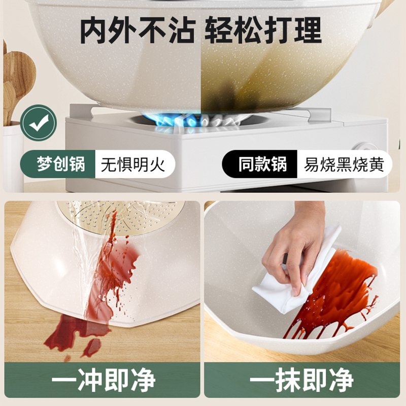 梦创麦饭石不粘锅炒锅家用八角锅炒菜锅平底锅电磁炉专用燃气灶适用煎[抗菌]34CM加厚/带盖[送专用锅铲]麦饭石珍珠白