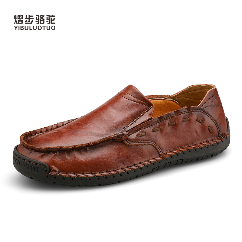 YIBULUOTUO新款牛皮纯手工皮鞋懒人驾车鞋休闲大码男鞋一脚蹬豆豆鞋