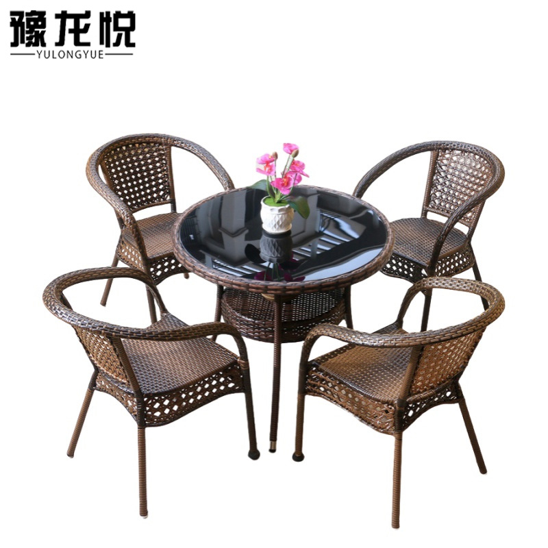 豫龙悦户外桌椅组合 圆桌编藤一桌四椅700*700*730mm套