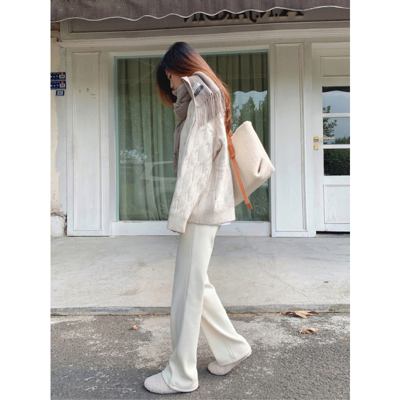 suntek白色阔腿裤女春季高腰垂感新款针织拖地裤宽松显瘦休闲直筒长