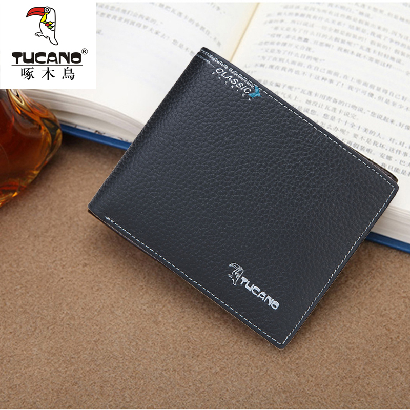 啄木鸟钱包男短款皮夹商务卡包男士钱夹牛皮学生薄款卡包生日横款黑色