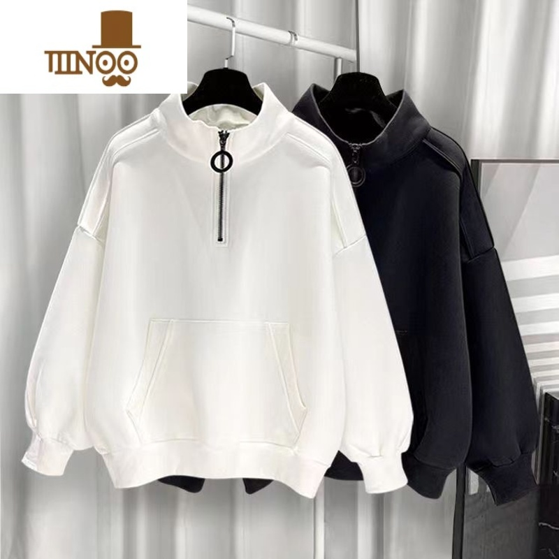 YANXU港风半高领卫衣男加绒潮流百搭宽松拉链纯色男生衣服长袖2023新款高清大图