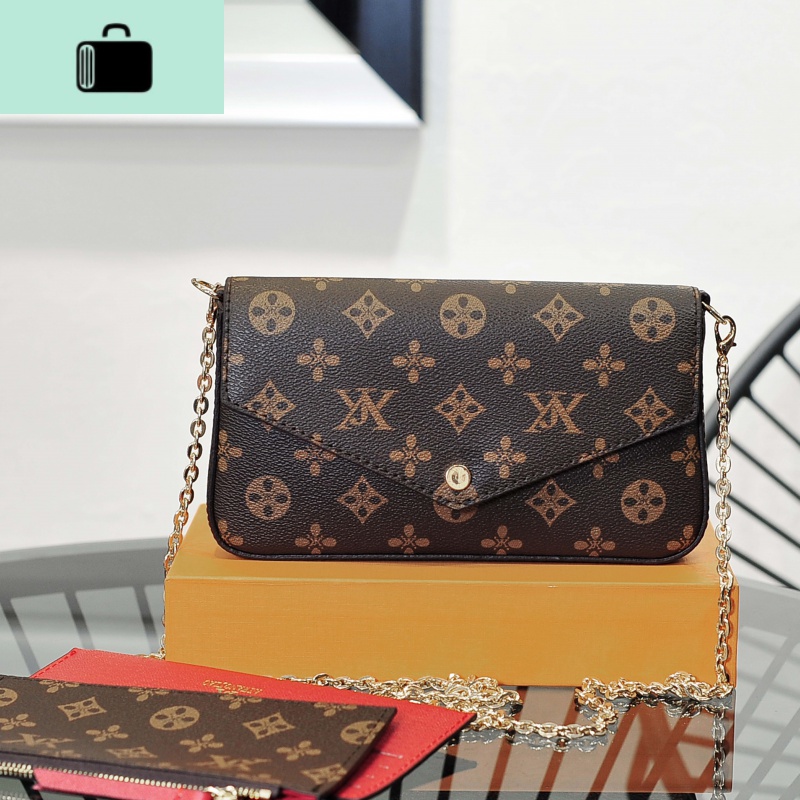 三件套迷你组合包 信封链条手机斜挎包 高质感真皮女士摁扣手拿包NEW LAKE 棕黑色拼花色高清大图