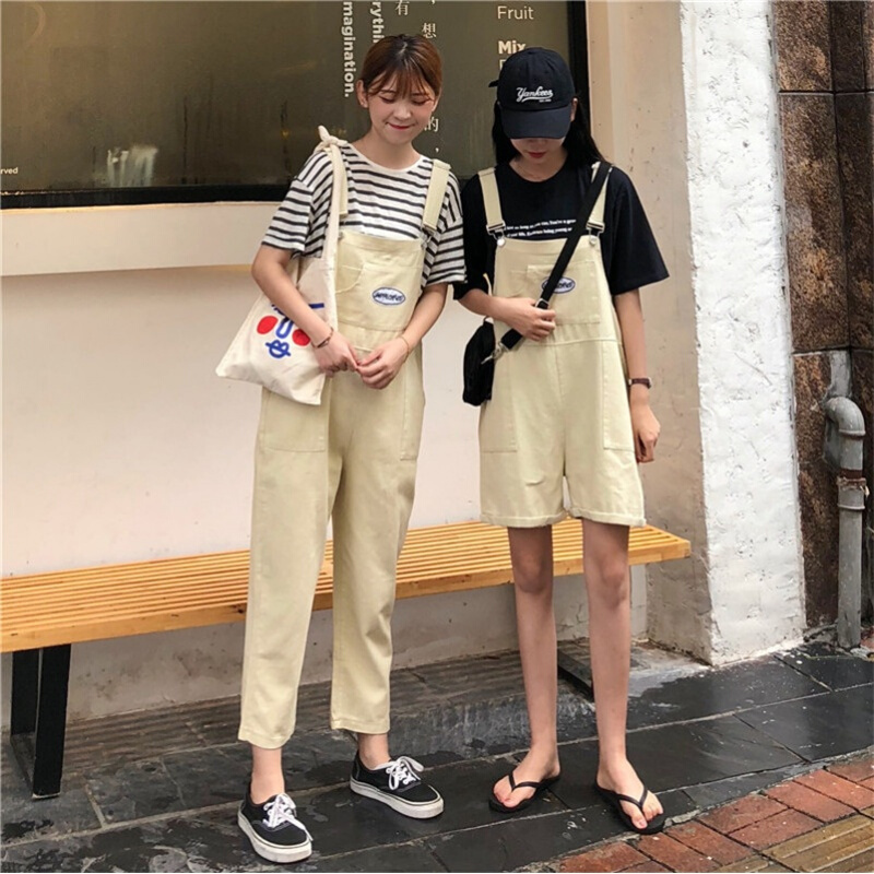 夏季女装韩版宽松显瘦工装背带连体裤休闲裤九分裤闺蜜阔腿裤短裤黑色长款均码