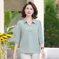 新款衬衫领妈妈装中老年女装夏装衣服七分袖女士休闲服装40岁中年 4XL(建议140-155斤） 绿色小衫