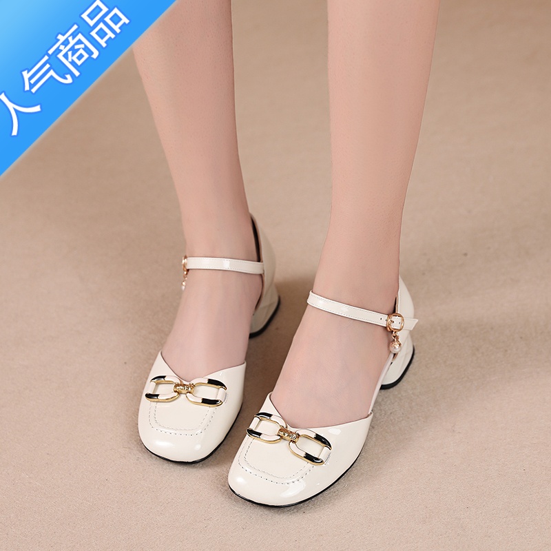 SUNTEK包头凉鞋女2023春季新款圆头粗跟软底浅口单鞋女百搭中空女鞋 米白色 38