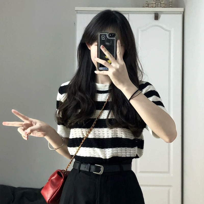 条纹针织衫短袖T恤女夏季新款韩版独特别致学生上衣短款ins潮