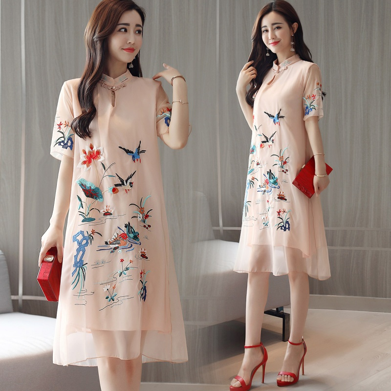 民族风女连衣裙女士新品夏装韩版短袖刺绣复古欧根纱粉色中长裙