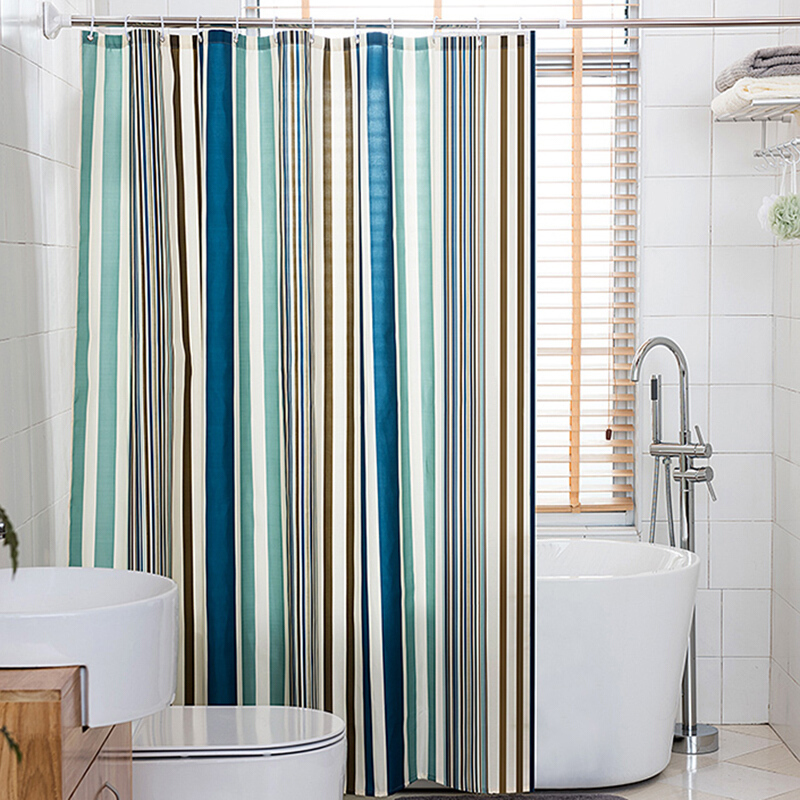 浴帘涤纶布加厚防水保暖不透明条纹印花金属扣眼居家浴室遮挡帘子
