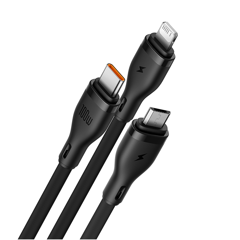 倍思 Q弹系列一拖三快充数据线USB to M+L+C 100W- 星耀黑高清大图