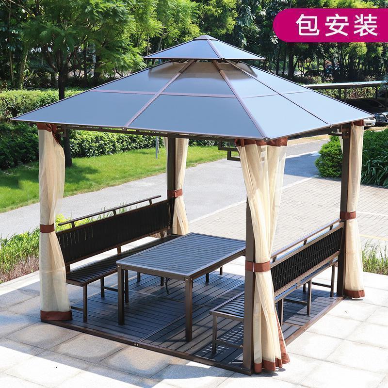 森美人室外铁艺亭子四角亭户外凉亭小木屋庭院花园农家乐农庄帐篷遮阳棚 两面座板+塑木桌+地板【含双帘-包安装