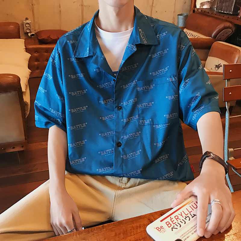 5分袖衬衫男五分短袖宽松时尚半袖印花五分中袖港风寸衫男士衬衣