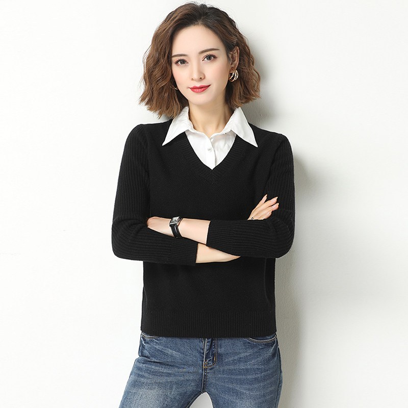 班俏banqiao女士假两件毛衣秋季女装2023年新款洋气时尚打底衫上衣