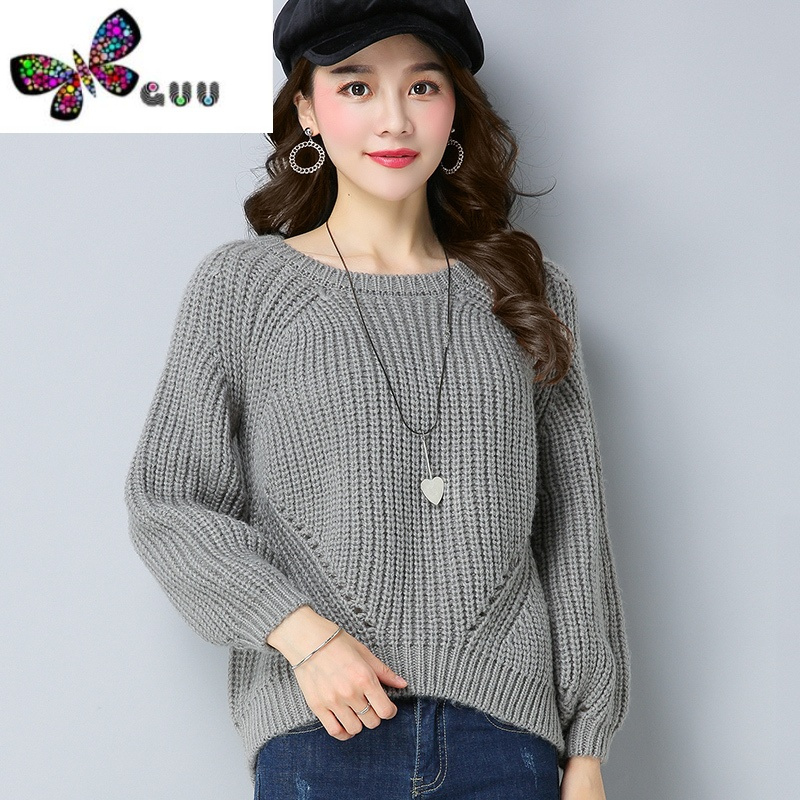 语娄2023新款秋装针织毛衣女士套头宽松韩版短款粗毛线衣加厚打底衫女