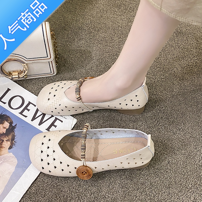 SUNTEK软底粗跟单鞋女中跟浅口鞋子2023春夏新款奶奶乐福鞋镂空凉鞋高清大图