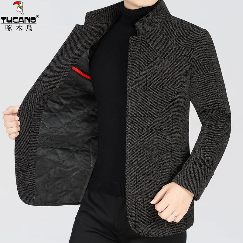 啄木鸟高端毛呢大衣男士秋冬季中年加厚外套休闲短款立领呢子夹士高清大图