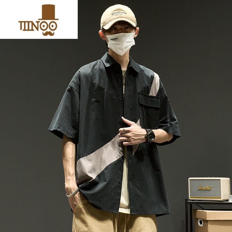 YANXU短袖衬衫男款夏季日系港风复古衬衣潮牌男生翻领拼色工装外套衣服图片