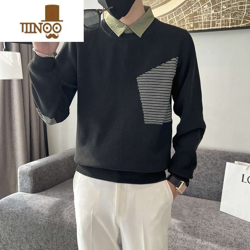 YANXU慵懒风假毛衣男士衬衫领网红设计感小众潮牌外穿针织衫 2XL LR黑色3344