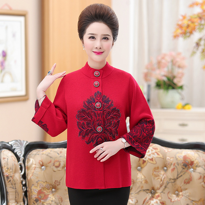 鄂尔多斯妈妈羊绒衫女加绒加厚毛衣女老太太开衫保暖外套中年女秋冬装保暖长袖打底衫40岁50中老年人上衣开衫恒源祥哥弟 8167红色九分袖 L