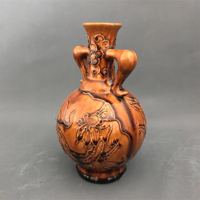 美帮汇景德镇仿古陶瓷清乾隆釉刻龙纹双耳花瓶家居摆件做旧收藏古玩高清大图