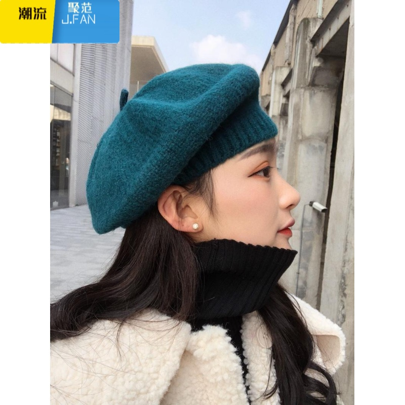 聚范八角贝雷帽女韩版日系ins针织毛线帽甜美可爱蓓蕾帽子大头围