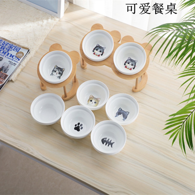 猫碗高脚猫咪喂食碗保护颈椎斜口狗碗可爱猫盆双碗陶瓷饮水宠物高清大图