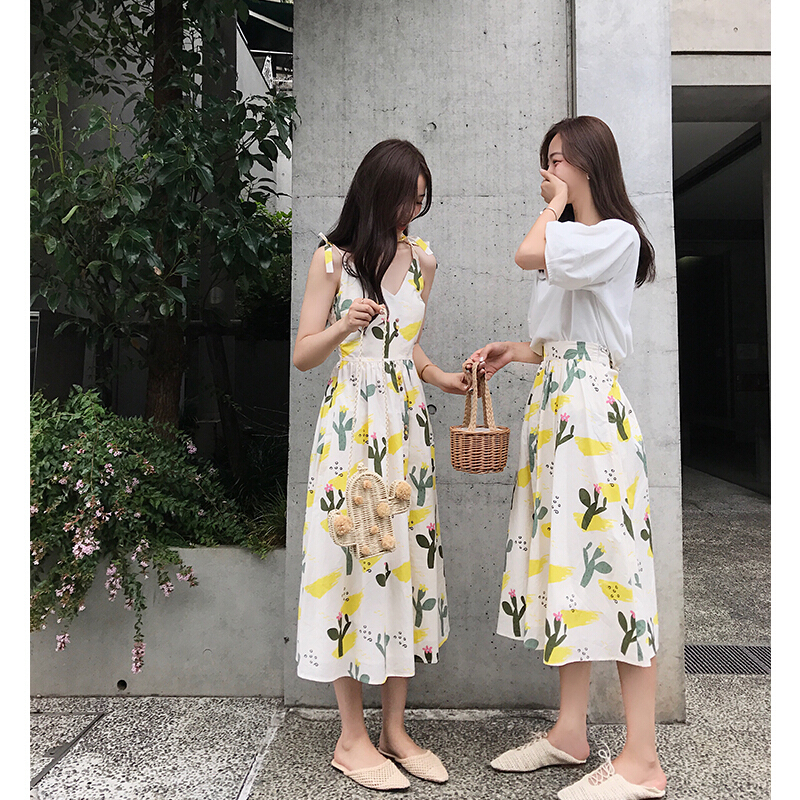 珊珊2018夏季新款文艺清新印花无袖带裙高腰A字连衣裙女80716-仙人掌系列-连衣裙
