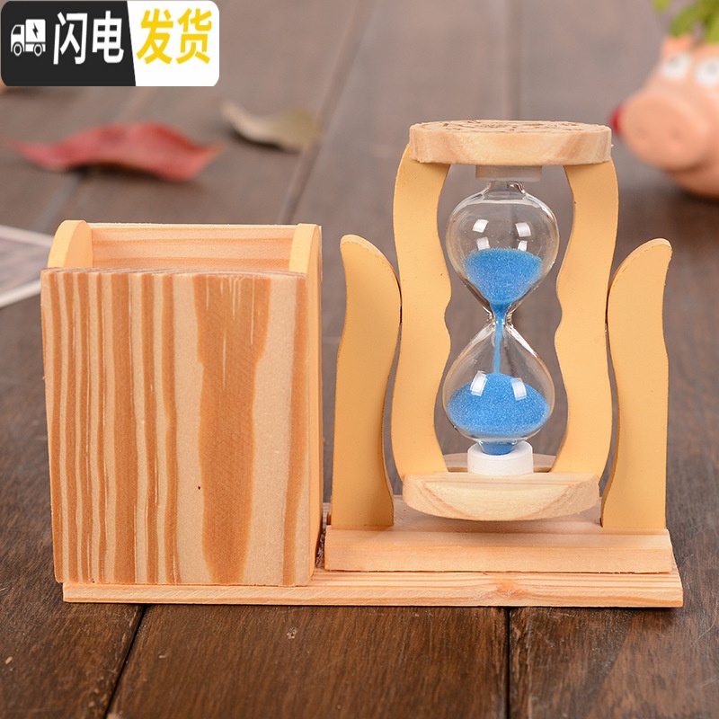 三维工匠卡通可爱贴画旋转沙漏计时器创意生日摆件木质学生书桌面笔筒 单个沙漏+笔筒+包装高清大图