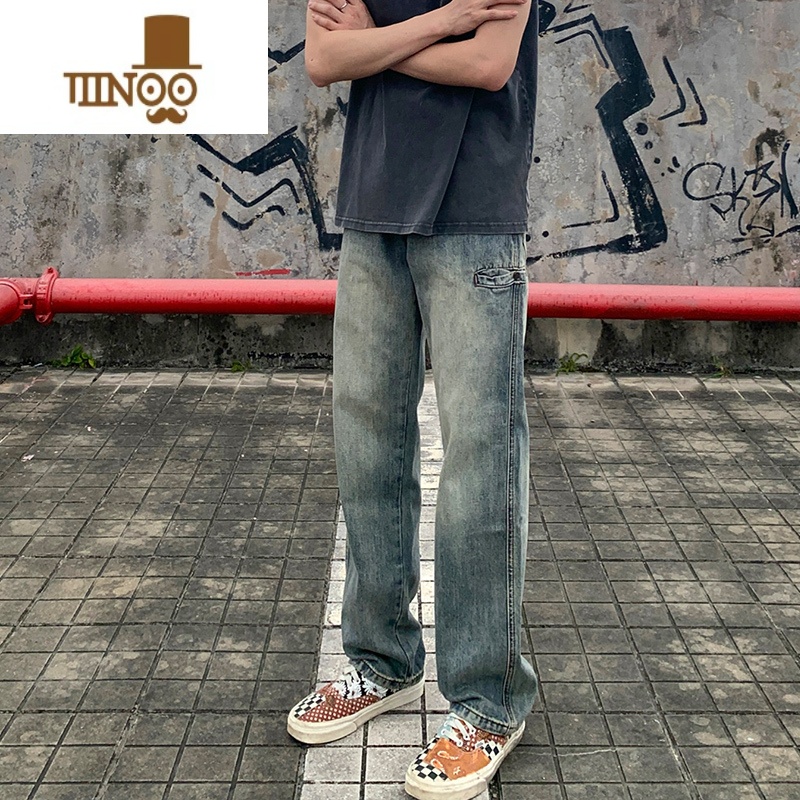 YANXU美式高街vibe做旧水洗复古蓝垂直感直筒牛仔裤男夏季潮牌百搭长裤高清大图