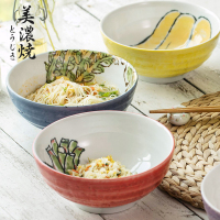 美浓烧手绘风釉下彩日式和风陶瓷创意面碗汤碗大碗泡面碗拉面碗7.5英寸(5碗装)