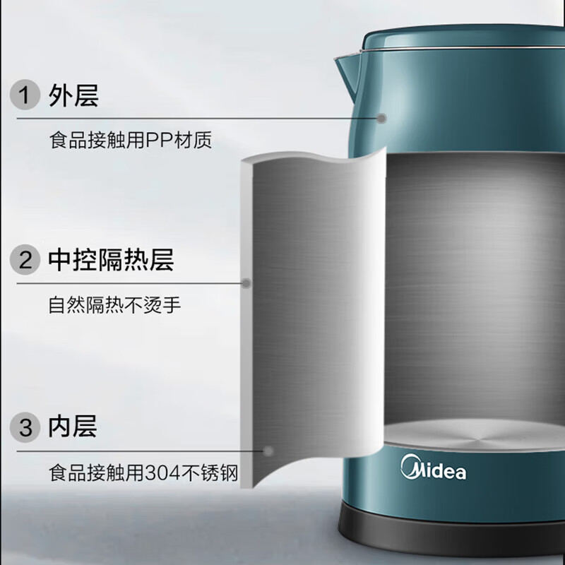 美的(Midea)MK-17MS01烧水壶电水壶电热水壶开水壶1.7升双层防烫养生304不锈钢内胆双层防烫高清大图