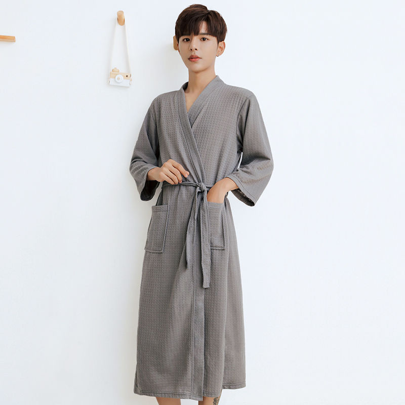 春秋新款睡袍宽松华夫格男女浴衣院酒店浴袍夏季晨袍情侣睡衣 华夫格-灰色男【长袖】 XL150-180斤