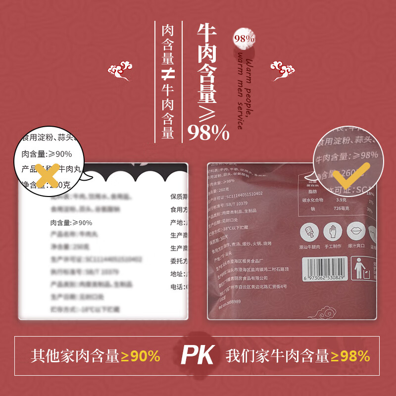暖男厨房 正宗潮州牛肉丸潮汕手打火锅食材[牛肉含量≥98%]1040g高清大图