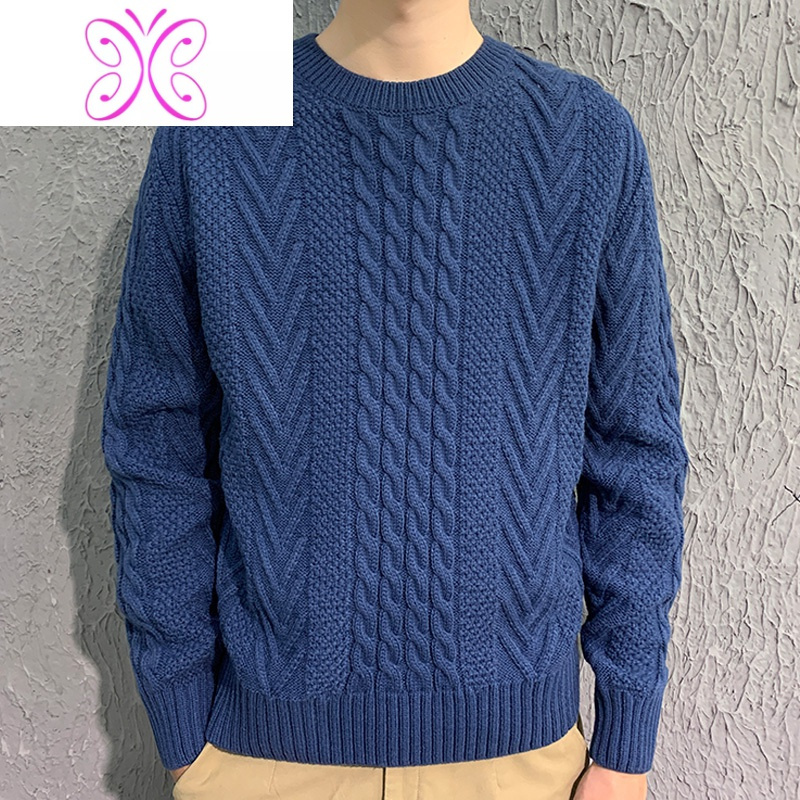 yuansu冬季高领粗线手工编织麻花粗针圆领毛衣男加厚宽松保暖针织衫
