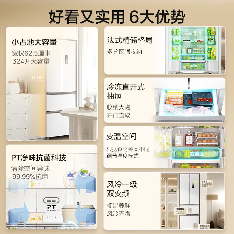 [自营]美的冰箱(Midea)340一级能效双变频法式多门四开门小型白色电冰箱超薄风冷无霜节能低噪MR-340WFPE高清大图
