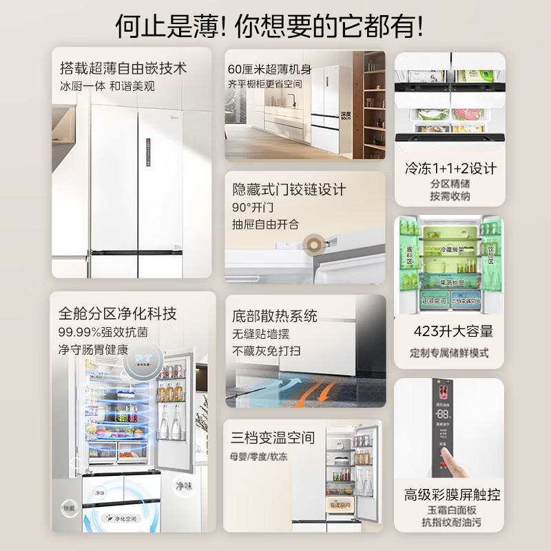 美的 BCD-423WUFGPZM(E)玉霜白 60cm薄系列423升法式多门超薄嵌入式一级能效无霜家用净味冰箱