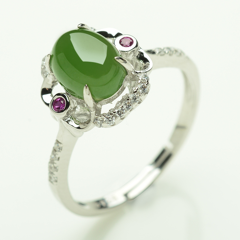 和田玉碧玉戒指s925镶嵌玉石指环蛋面女款戒饰送女朋友七夕情人节礼物