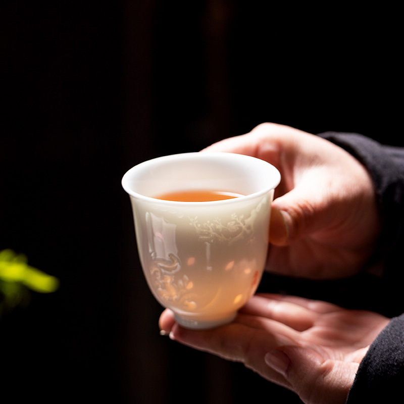 华普思羊脂玉玲珑花神杯白瓷茶杯品茗杯主人杯家用陶瓷单杯功夫茶具礼品 玲珑杯-喜乐高清大图